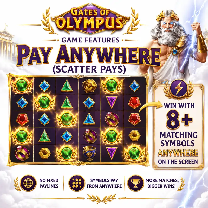 Gates of Olympus Pay Anywhere feature: win with 8 or more matching symbols anywhere on the screen