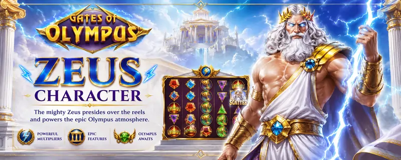 The Zeus character from Gates of Olympus presiding over the reels and powering the epic Olympus atmosphere